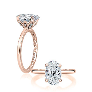 A.JAFFE MECOV3412Q/210 14 Karat engagement ring, a.JAFFE oval solitaire engagement ring, rose gold, angled view showing the quilted shank interior