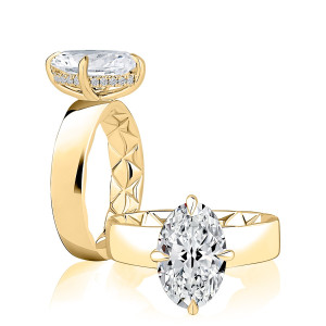 A.JAFFE MECOV3581Q/310 14 Karat engagement ring, yellow gold wide band oval semi-mount, angled and top down views shown together