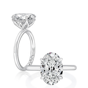 A.JAFFE MECOV3983L/308 14 Karat engagement ring, white gold oval hidden halo semi-mount, angled and top down views shown together