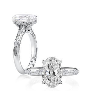 A.JAFFE MECOV4331L/340 14 Karat engagement ring, white gold oval semi-mount with milgrain pear accents, angled and top down views together