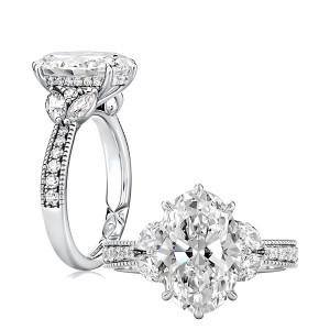 A.JAFFE MECOV4486L/497 14 Karat engagement ring, white gold oval floral halo engagement ring, upright profile and top view together