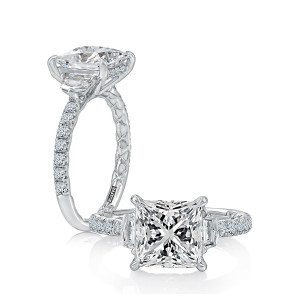A.JAFFE MECPC3458Q/372 14 Karat engagement ring, white gold princess three stone ring in angled and standing profile views