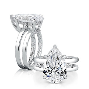 A.JAFFE MECPS3619Q/518 14 Karat engagement ring, double band pear engagement ring setting in white gold, upright side view with front standing view