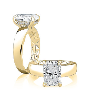 A.JAFFE MECRA3576Q/310 14 Karat engagement ring, radiant cut solitaire engagement ring in yellow gold, standing profile beside a top view
