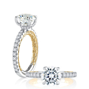 A.JAFFE MECRD2356Q/255 14 Karat engagement ring, white gold round engagement ring with yellow gold interior, paired standing and reclining views