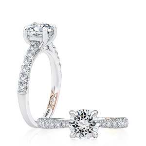 A.JAFFE MECRD2524/137 14 Karat engagement ring, white gold round semi mount, profile and top views with quilted interior panel