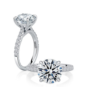 A.JAFFE MECRD2730/439 14 Karat engagement ring, round center engagement ring in white gold, standing profile beside a top view