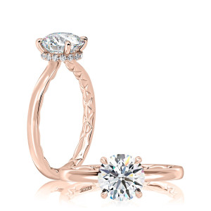 A.JAFFE MECRD2744BQ/211 14 Karat engagement ring, rose gold engagement ring profile view with a top view alongside