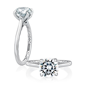 A.JAFFE MECRD3411Q/150 round solitaire engagement ring in white metal, combined front and angled profile views