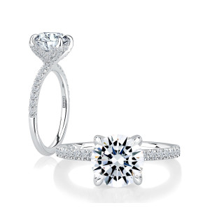 A.JAFFE MECRD3414L/239 14 Karat engagement ring, white gold round semi mount, angled and top views showing the pave shank