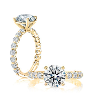 A.JAFFE MECRD3714T/280 14 Karat engagement ring, yellow gold round semi-mount, standing and reclining views of the shared prong band