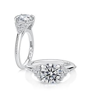 A.JAFFE MECRD3730L/247 14 Karat engagement ring, white gold engagement ring, profile and top view pair showing the flanking diamond clusters