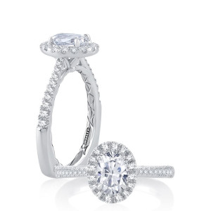 A.JAFFE MES895/132 14 Karat engagement ring, oval halo engagement ring setting in white gold, angled view with upright side view