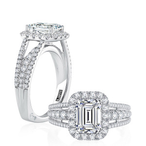 A.JAFFE MESEC2338/226B 14 Karat engagement ring, white gold engagement ring, paired profile and top views of the emerald cut center in a halo