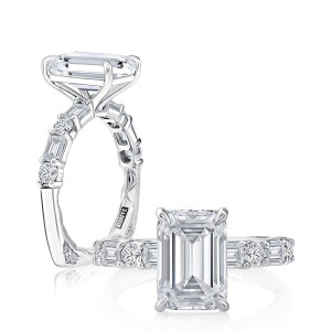 A.JAFFE MESNEC3750Q/395 14 Karat engagement ring, white gold emerald cut semi mount, angled and top views showing the Signature Shank