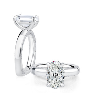 A.JAFFE MESNOV3733/339 14 Karat engagement ring, white gold engagement ring in a paired standing and top view with wide band