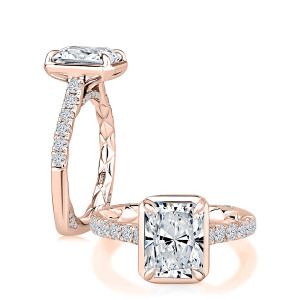 A.JAFFE MESNRA3739Q/355 14 Karat engagement ring, rose gold radiant cut semi-mount, standing and reclining views of the pave band
