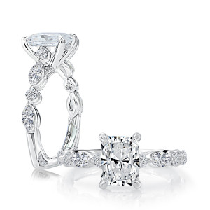 A.JAFFE MESNRA3777Q/288 14 Karat engagement ring, white gold radiant semi mount, profile and top views of marquise and round band