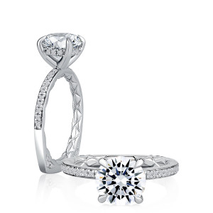 A.JAFFE MESNRD3604Q/226 14 Karat engagement ring, four prong round engagement ring setting in white gold, angled view with upright side view