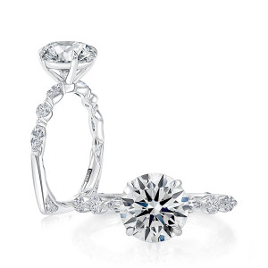 A.JAFFE MESNRD3690Q/295 14 Karat engagement ring, white gold engagement ring, paired profile and top views of the round center and spaced accent band