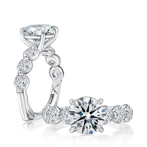 A.JAFFE MESNRD3715Q/505 14 Karat engagement ring, shared prong round engagement ring setting in white gold, angled view with upright side view