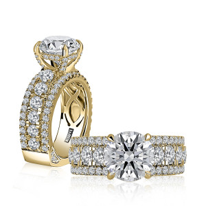 A.JAFFE MESNRD3726/526 14 Karat engagement ring, round center wide pave band engagement ring in yellow gold, standing profile beside a top view