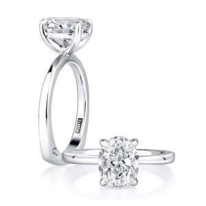 A.JAFFE MESOV2910/250 oval solitaire engagement ring in white metal, combined front and angled profile views