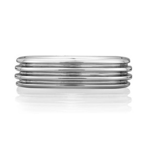 A.JAFFE SBS095 14 Karat wedding ring, men's four groove Signature wedding band in white gold, top view of grooved face