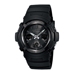 Casio G-Shock AWGM100B-1A watch, front view of an all black case with white hands, a double bar marker and three digital panels