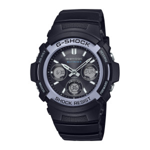 Casio G-Shock AWGM100FP-1A2 watch, front view of the pale ring, honeycomb dial and three round digital windows