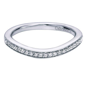 Gabriel & Co. WB6268W44JJ 14 karat white gold Victorian wedding band, front view of the gentle wave curve with tiny rounds in a milgrain edged channel