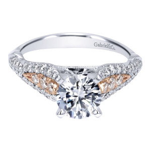 Gabriel & Co. ER11879R4T44JJ two-tone 14 karat gold Contemporary engagement ring, top view of the shoulders where three pave rows converge beside the four prong head