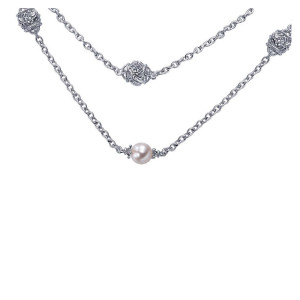Gabriel & Co. NK3423SVJPL sterling silver Roaring 20's Diamond Station necklace, close view of the doubled cable chain with openwork ball stations and a pearl