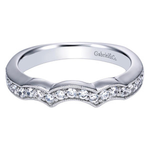 Gabriel & Co. WB4130W44JJ 14 karat white gold Victorian wedding band, front view of a scalloped notched edge over a single milgrain framed row of rounds