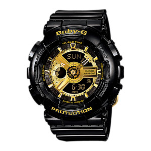 Casio Baby-G BA110-1A watch, front view of a glossy black analog digital watch with gold tone hands and wedge markers
