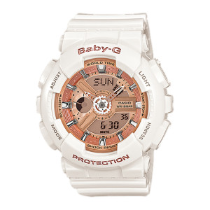 Casio Baby-G BA110-7A1 watch, front view of a rose gold tone dial with silver faceted markers inside a glossy white case