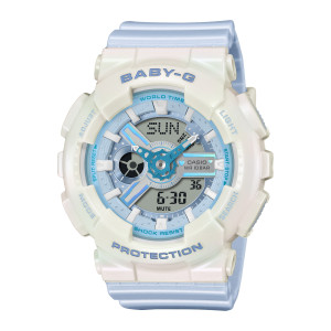 Casio Baby-G BA110PD-2A watch, front view of the pearly off-white bezel, teal hands and gray digital panels on a pale blue dial