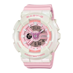 Casio Baby-G BA110PD-4A watch, front view of a pearly white case with pink lettering and a pink dial with a coral ring