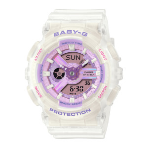 Casio Baby-G BA110PS-7A watch, front view of the lilac and pink dial inside a milky translucent bezel with hot pink labels