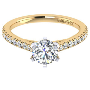 Gabriel & Co. ER7533M44JJ two-tone 14 karat gold Contemporary engagement ring, top view of the six prong head with pave rows continuing down both shoulders