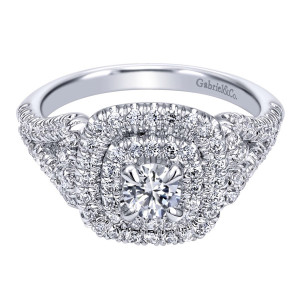Gabriel & Co. ER910098W44JJ 14 karat white gold Contemporary engagement ring, top view of the round center inside a double cushion halo with pave crossing the shoulders