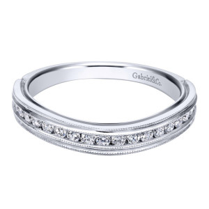 Gabriel & Co. WB911714R0W44JJ 14 karat white gold Victorian wedding band, front view of channel set round stones bordered by broad polished ridges and fine beading