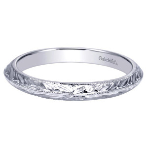 Gabriel & Co. WB8846W4JJJ 14 karat white gold Victorian wedding band, front view of the domed face cut with wheat sheaf engraving and no stones