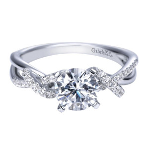 Gabriel & Co. ER7756W44JJ 14 karat white gold Contemporary engagement ring, front view of the round center with a polished strand crossing a stone lined one