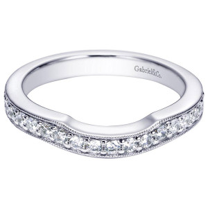 Gabriel & Co. WB5465W44JJ 14 karat white gold Victorian wedding band, top view of a contour curve dipping at the center above an even stone row