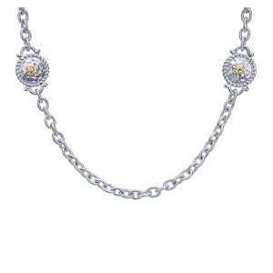 Gabriel & Co. NK2626MYJJJ two-tone sterling silver and 18 karat gold Roaring 20's Diamond Station necklace, front view of the textured oval link chain