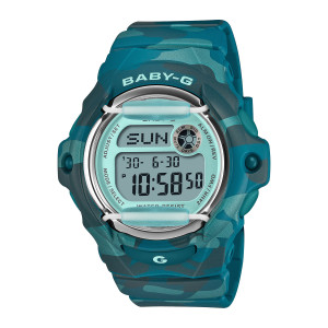 Casio Baby-G BG169CM-2 watch, front view of the aqua face with a gray digital panel and silver tone ring