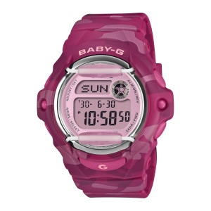 Casio Baby-G BG169CM-4 watch, front view of a magenta camouflage case with a light pink face and two pale pink bars