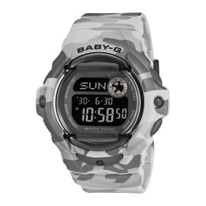 Casio Baby-G BG169CMB-8 watch, front view of the black digital panels with smoked gray bars across the dark ring