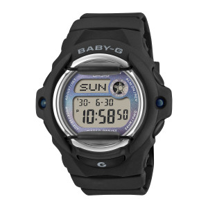 Casio Baby-G BG169GD-1 watch, front view of a round black case with a chrome ring and two bars over the digital panel